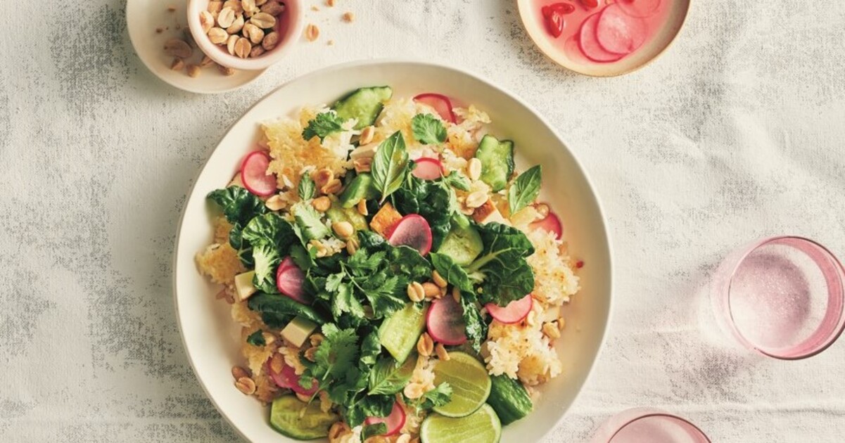 Vegan Crispy Rice Salad With Smashed Cucumbers and Spicy Pickled Radishes