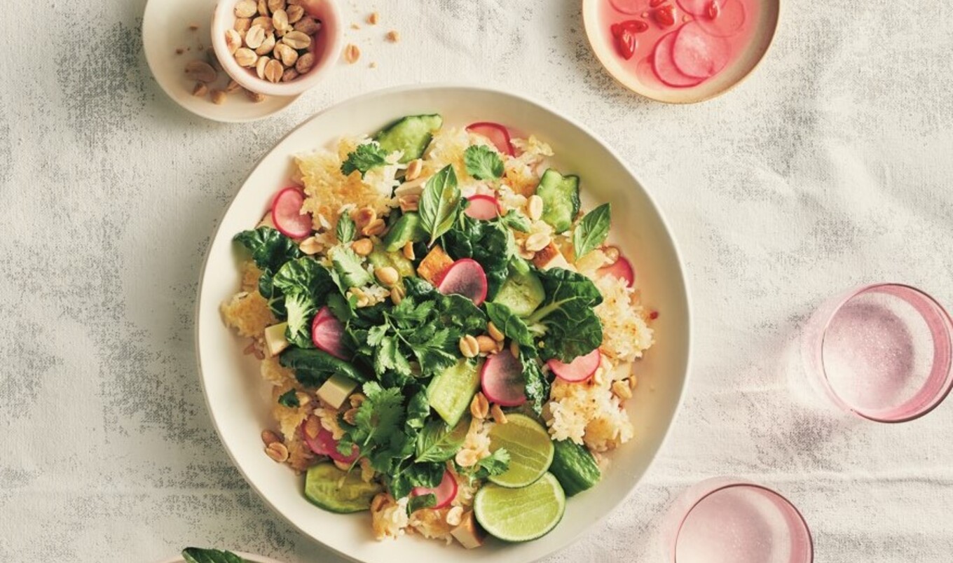 Vegan Crispy Rice Salad With Smashed Cucumbers and Spicy Pickled Radishes