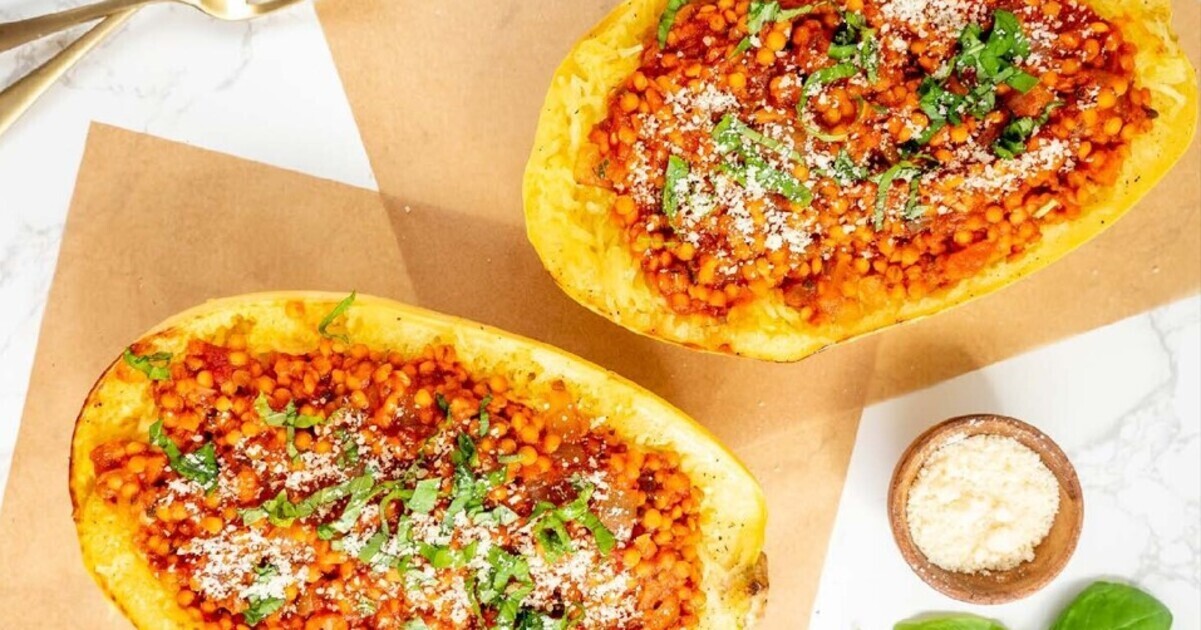 Lentil Bolognese Spaghetti Squash Boats | VegNews