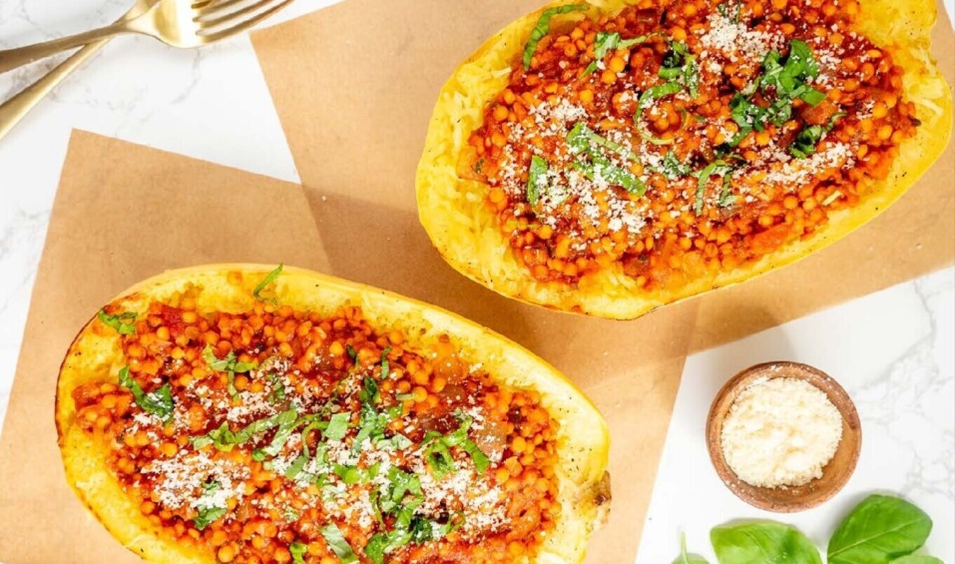 Lentil Bolognese Spaghetti Squash Boats