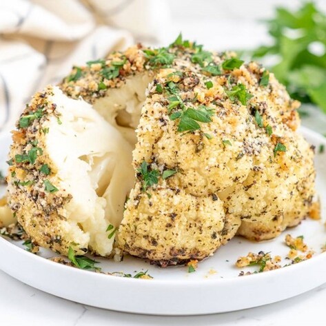 Vegan Garlicky Herb-Roasted Whole Cauliflower 