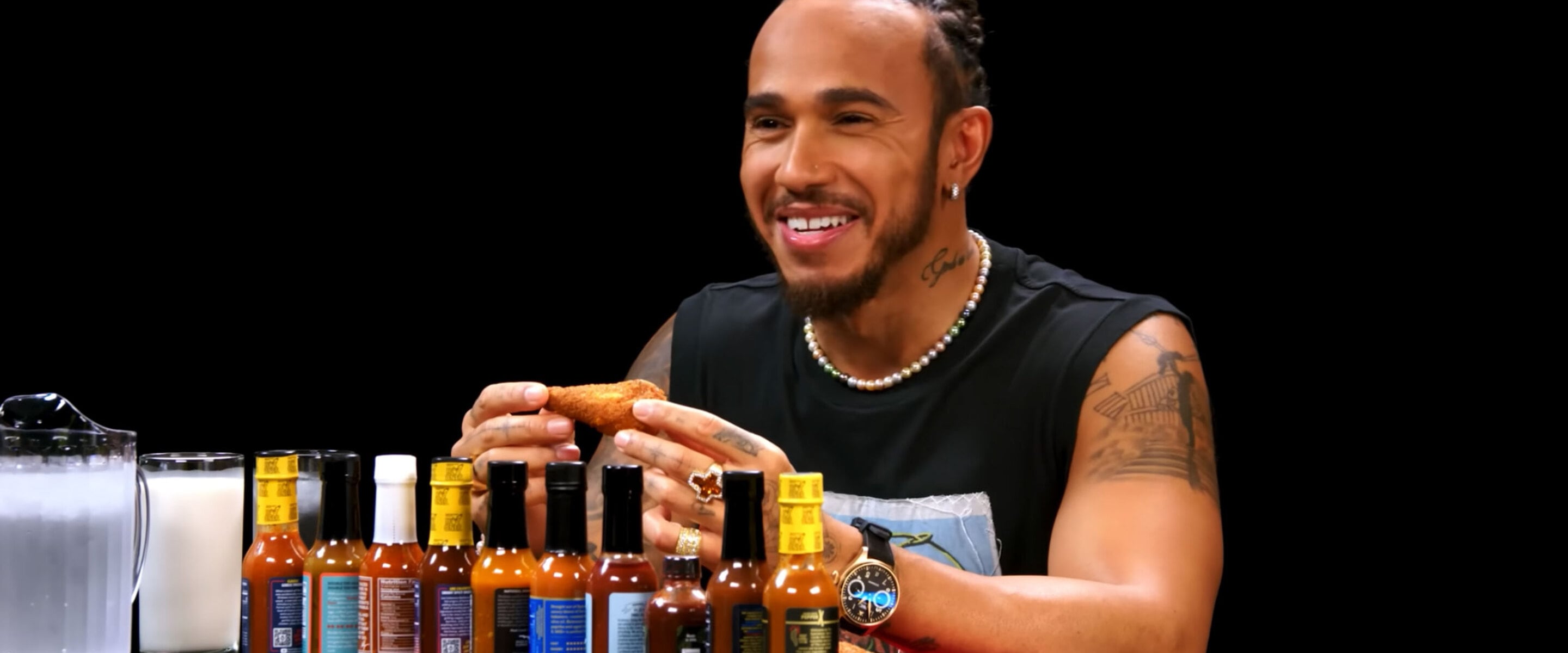 Lewis Hamilton and 34 Other Celebrities Who Made It to Level 10 on 'Hot Ones' Eating Only Vegan Wings