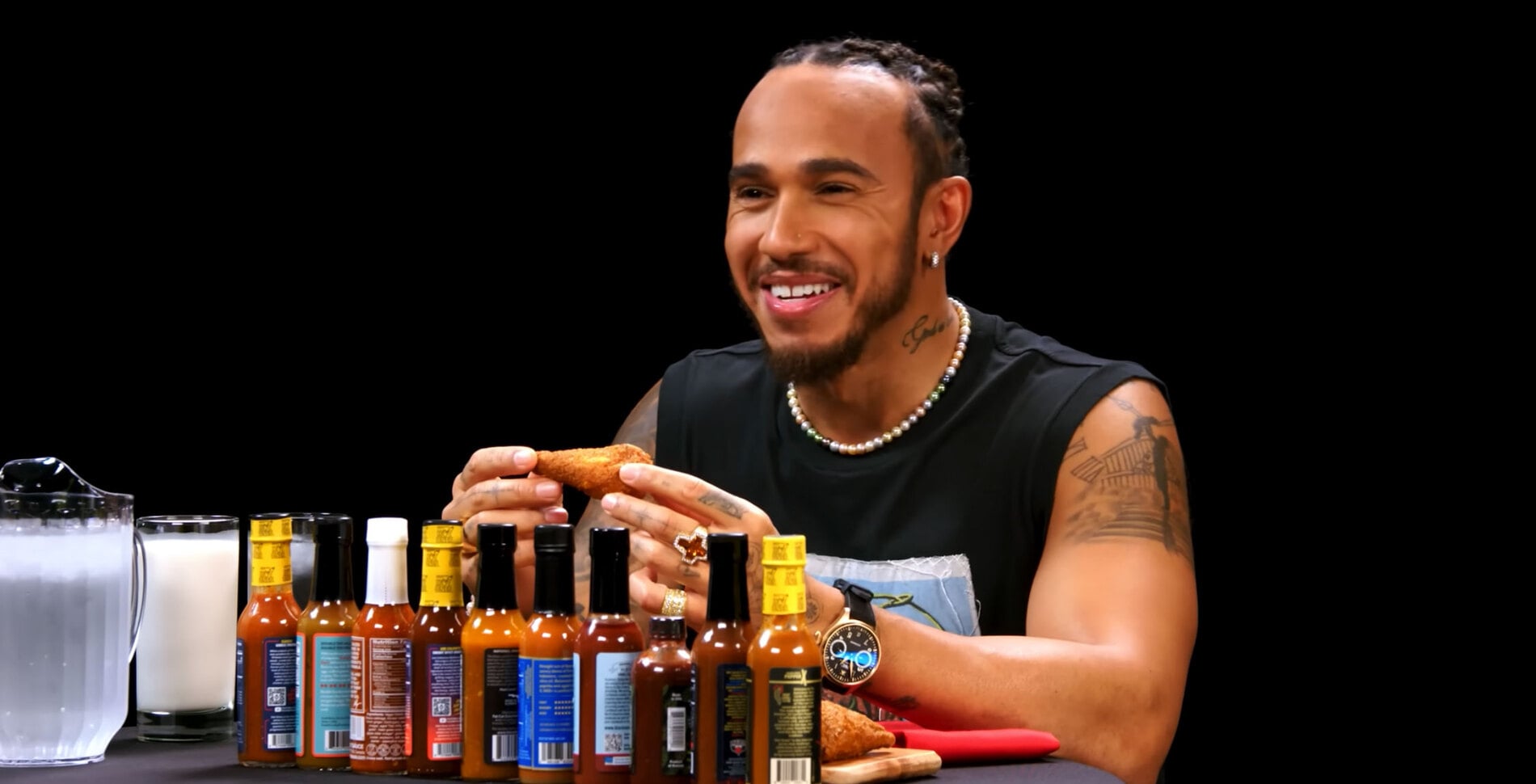 Lewis Hamilton and 34 Other Celebrities Who Made It to Level 10 on 'Hot Ones' Eating Only Vegan Wings