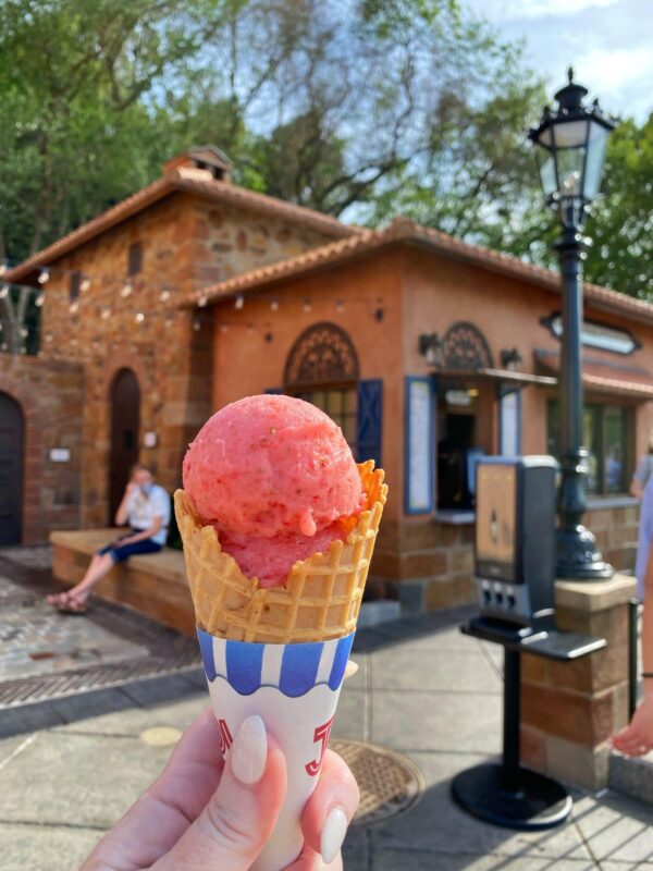 strawberry sorbet in cone