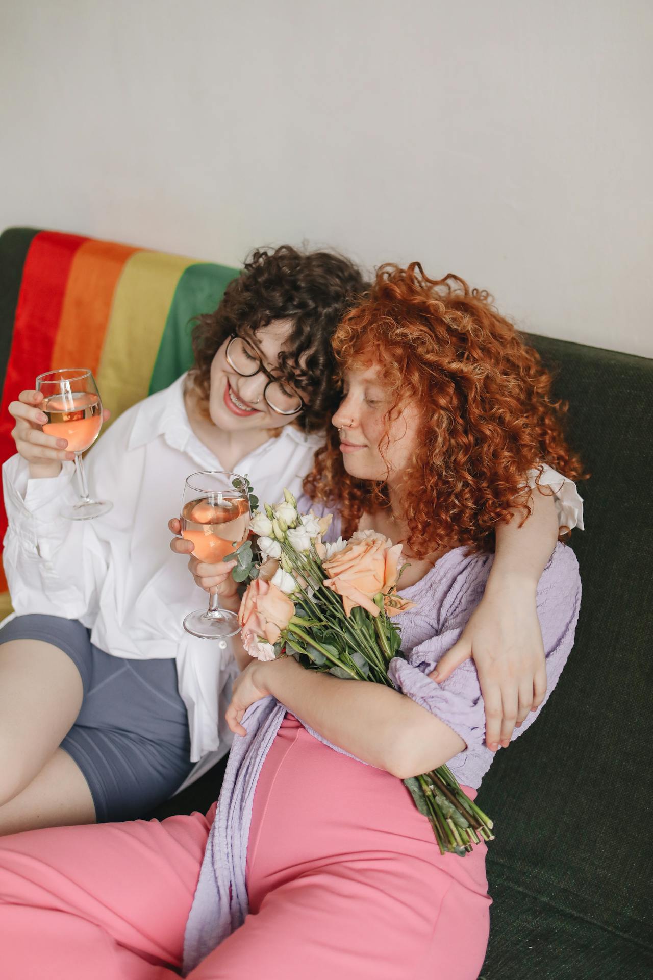 couple with wine and flowers