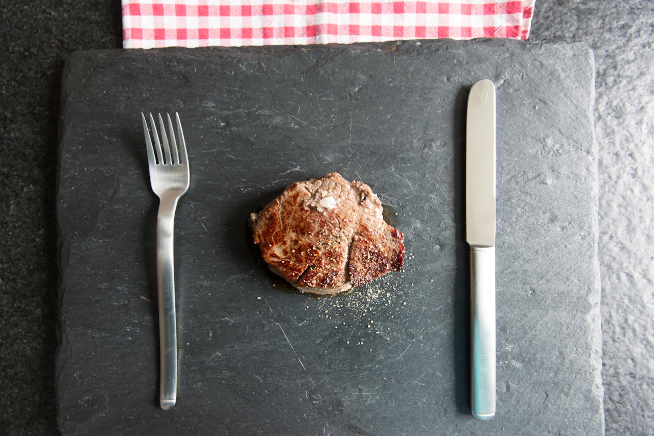 single steak with knife and fork