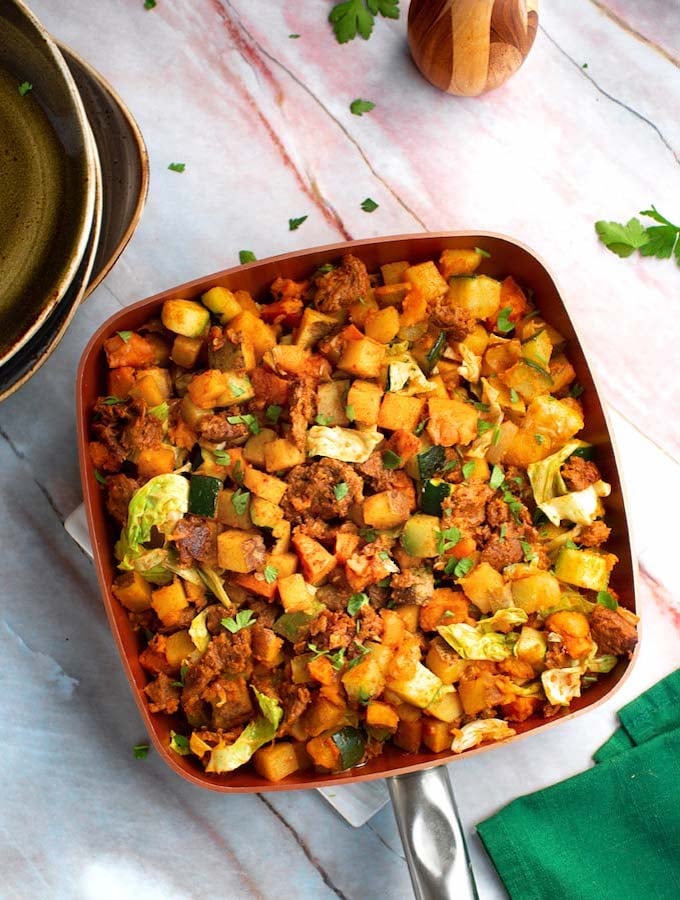 Golden and Sweet Potato Hash Browns with Vegan Chorizo