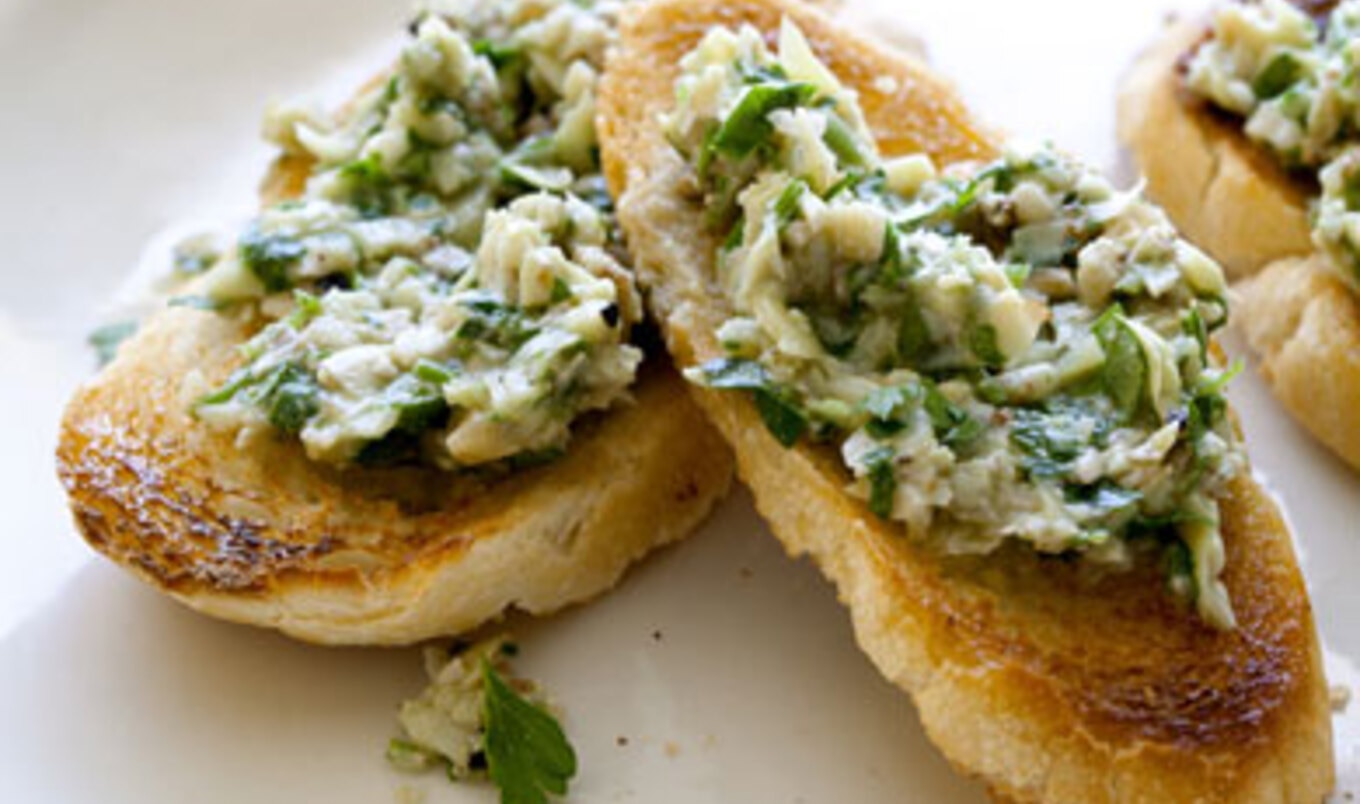 Vegan Artichoke Walnut Pesto Crostini