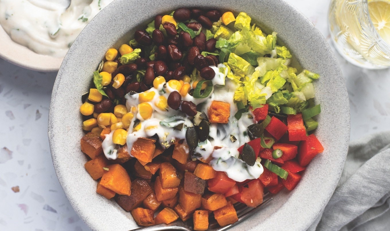 Black Bean Sweet Potato Bowl With Creamy Yogurt Dressing