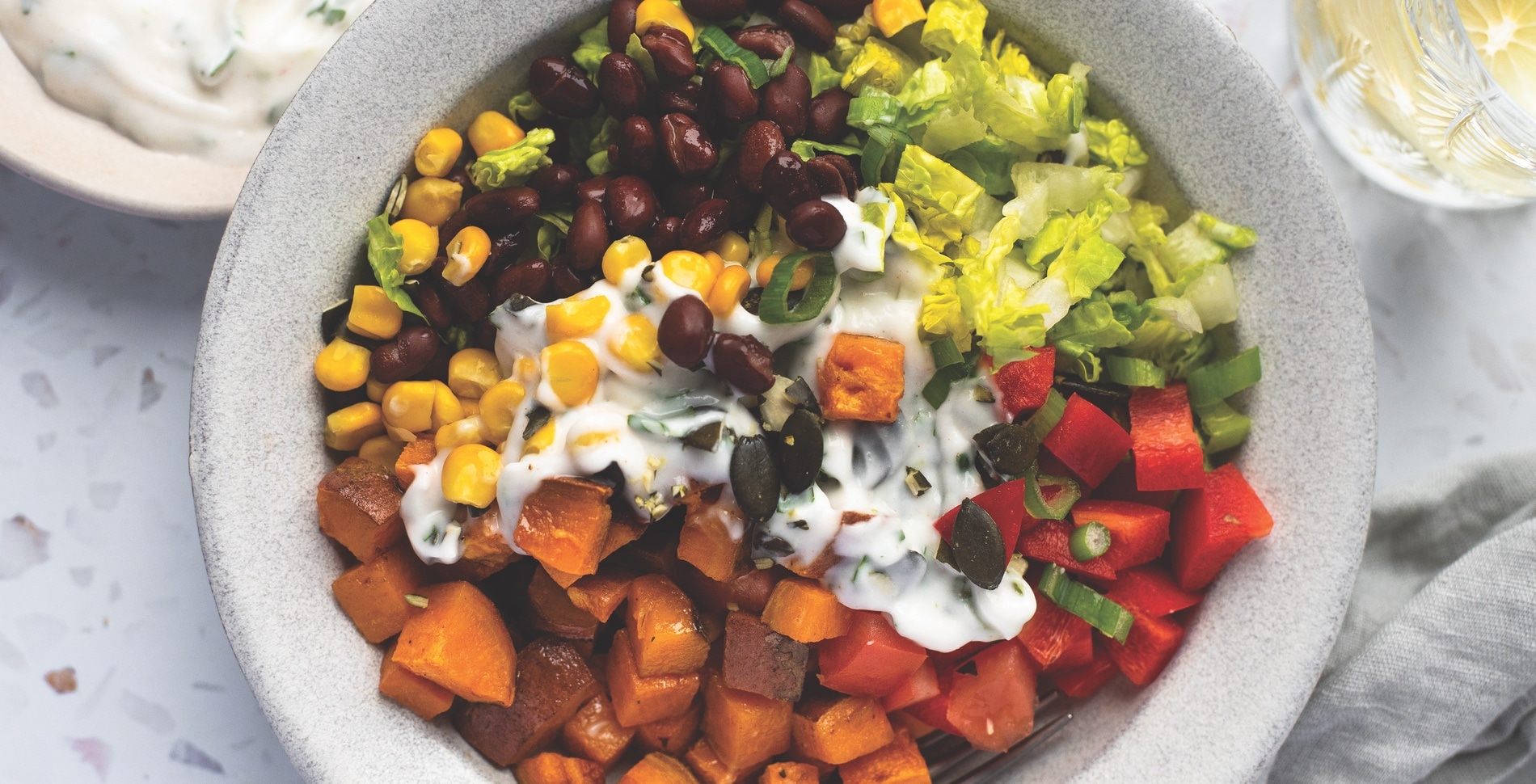 Vegan Black Bean Sweet Potato Bowl With Creamy Yogurt Dressing