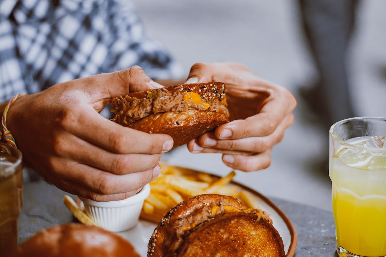 hands holding meat sandwich