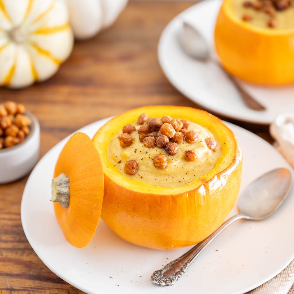 Halloween Pumpkin Soup With Crispy Chickpeas