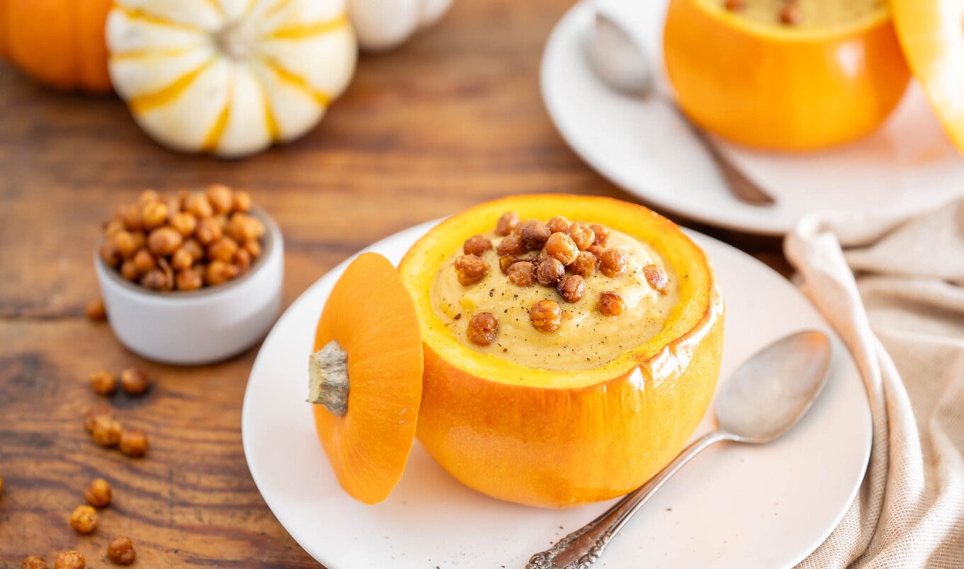 Halloween Pumpkin Soup With Crispy Chickpeas