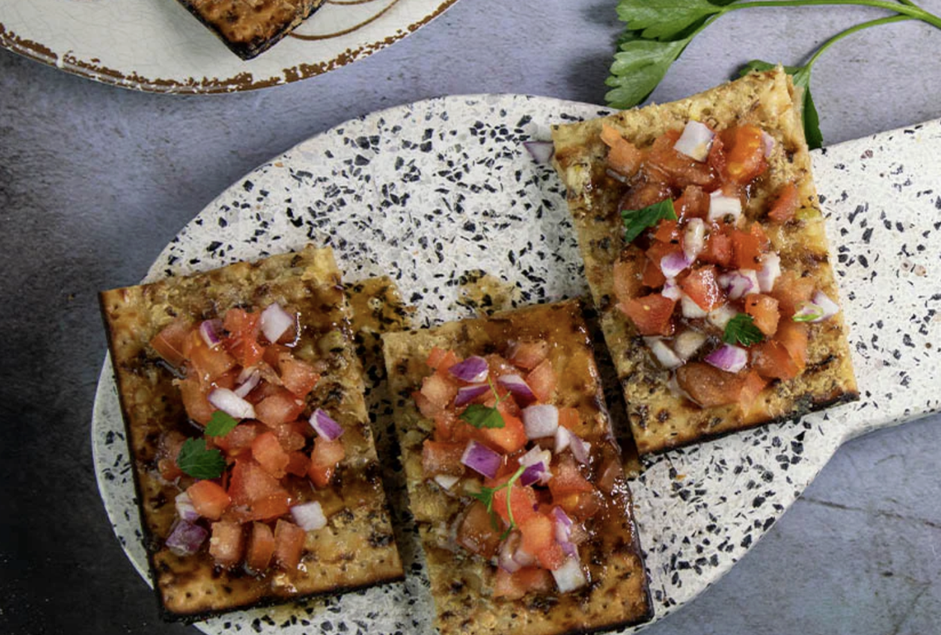Garlic Matzo Bruschetta