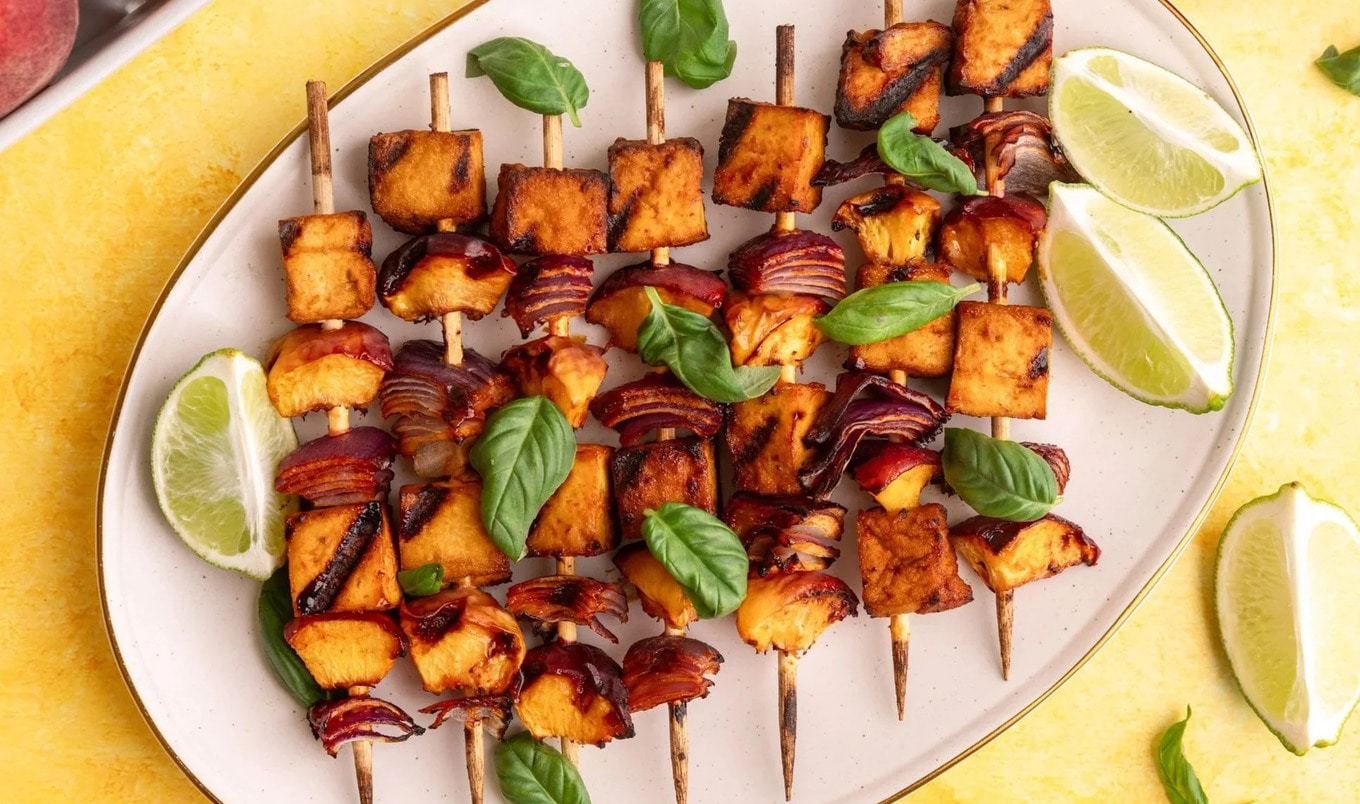 Grilled Gochujang Peach and Tofu Skewers