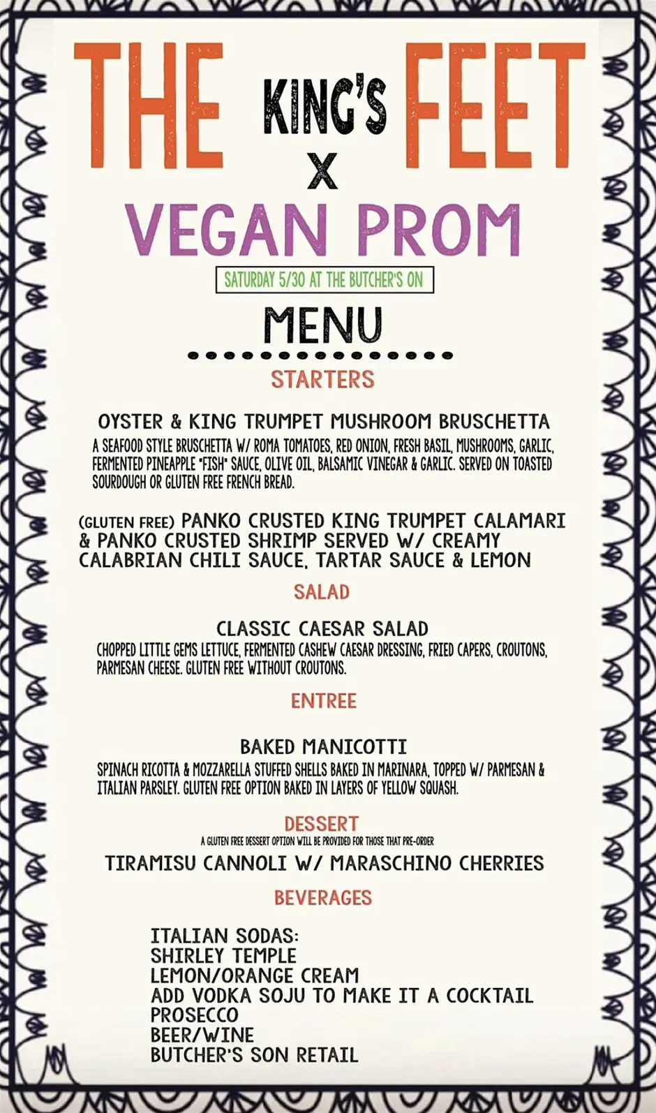 vegan prom menu