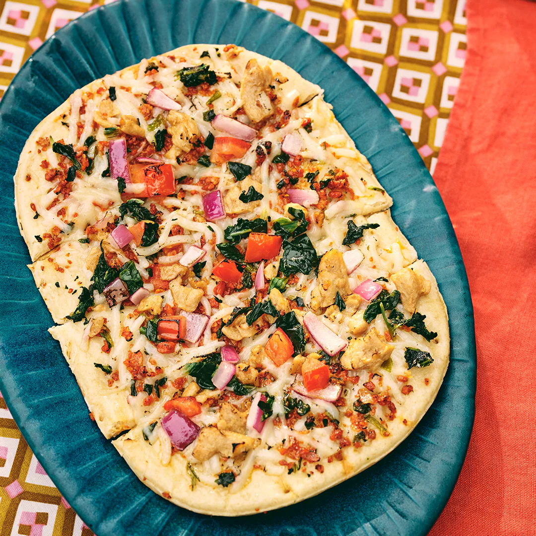 Vegan chicken, bacon, and ranch flatbread