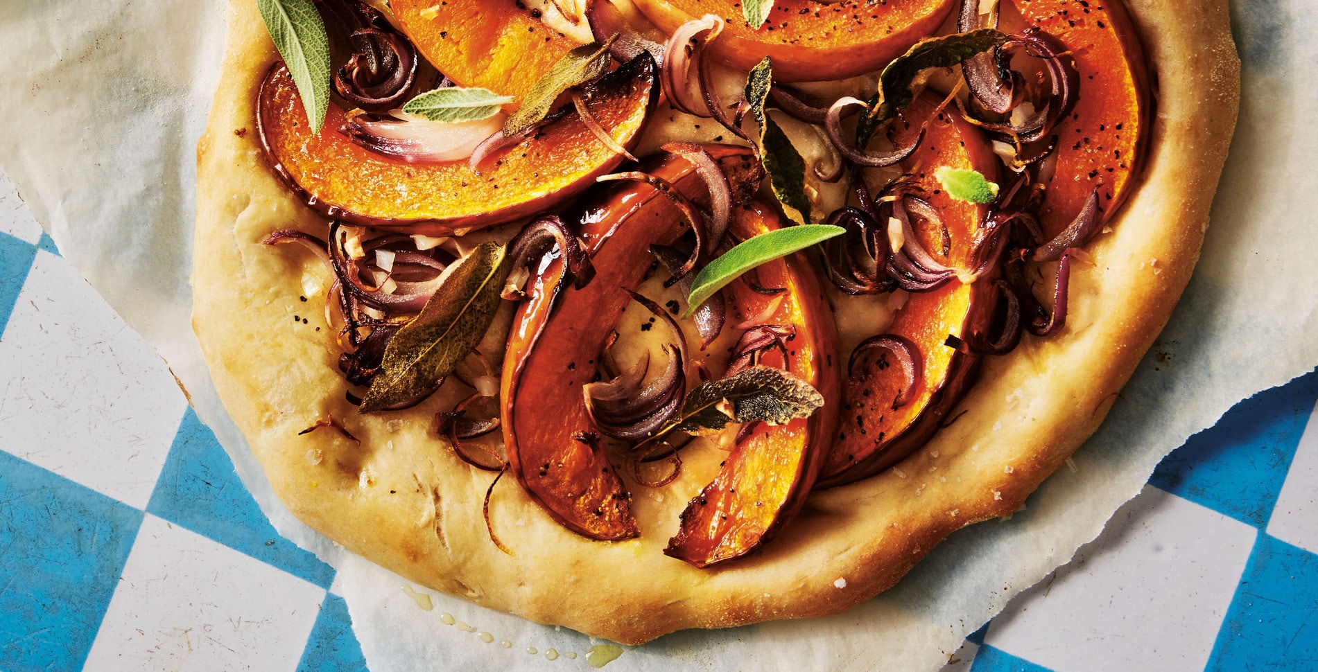 Vegan Pizzette With Roasted Pumpkin, Red Onion, and Sage