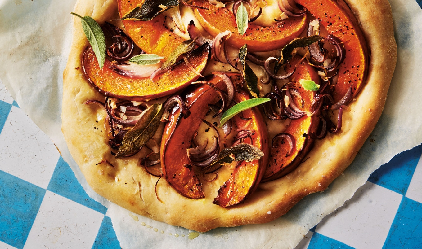 Vegan Pizzette With Roasted Pumpkin, Red Onion, and Sage