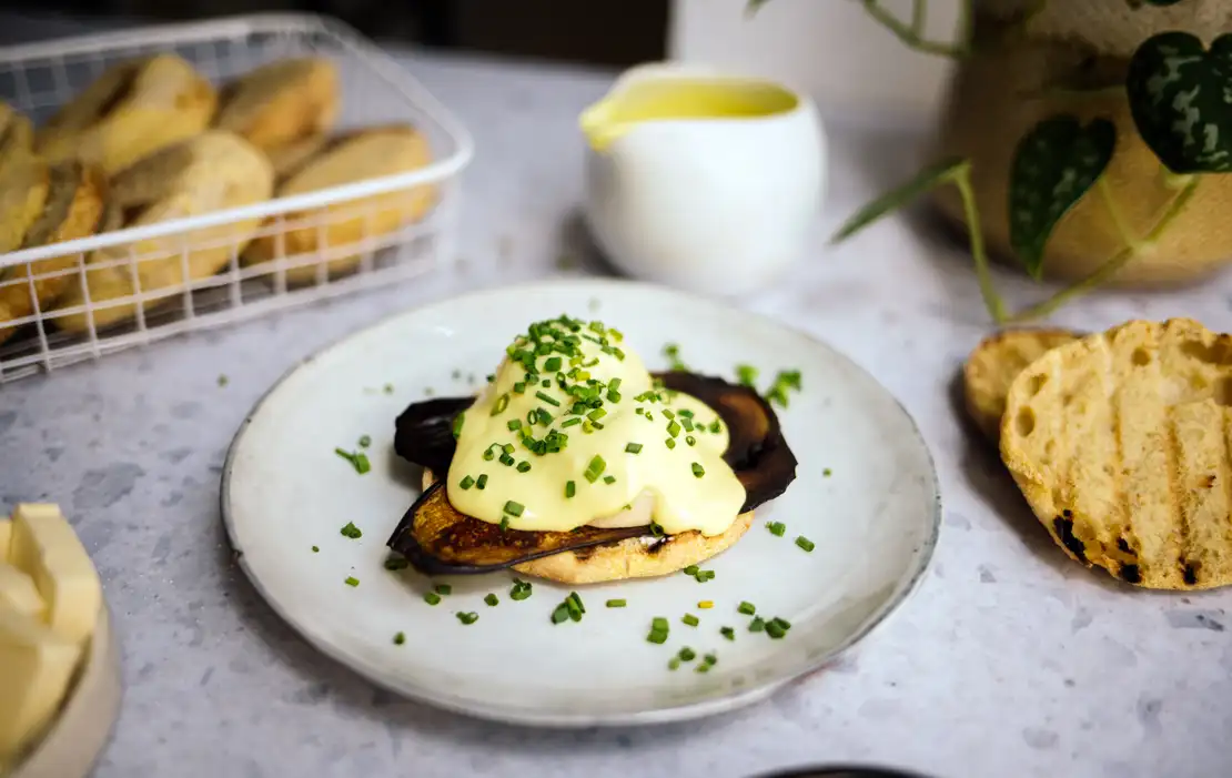 Vegan Eggs Benedict With Eggplant Bacon