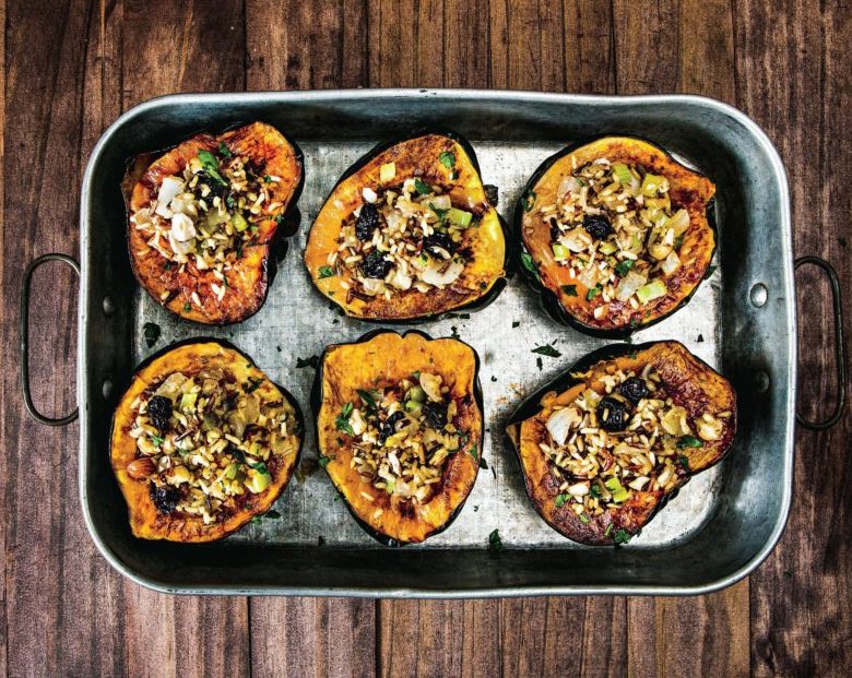 Winter Squash Cups With Wild Rice, Hazelnuts, and Cherries