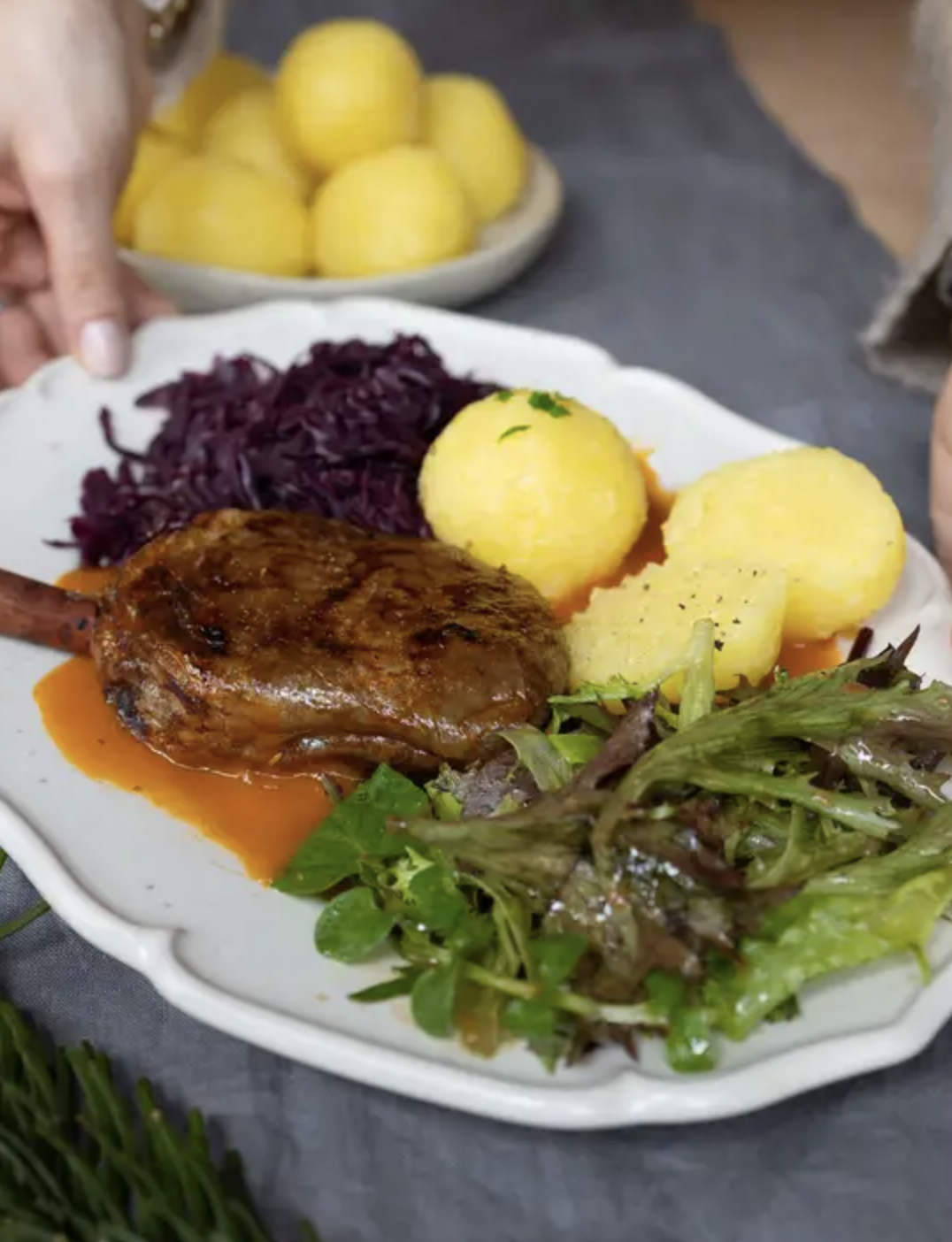  Vegan Duck Legs with Dumplings and Red Cabbage