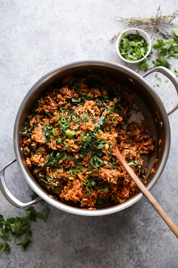 Vegan Brown Rice Jambalaya with Black Eyed Peas and Collards
