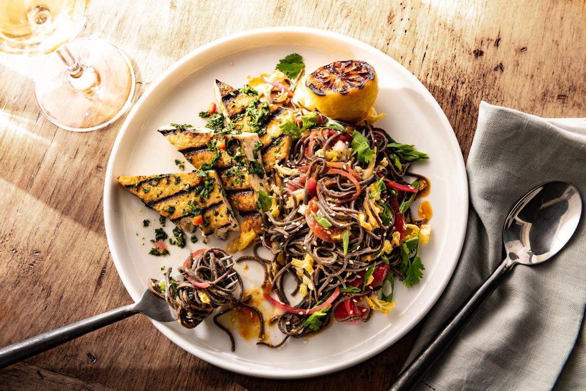 Fogo de Chao Seared Tofu with Miso Black Bean Pasta