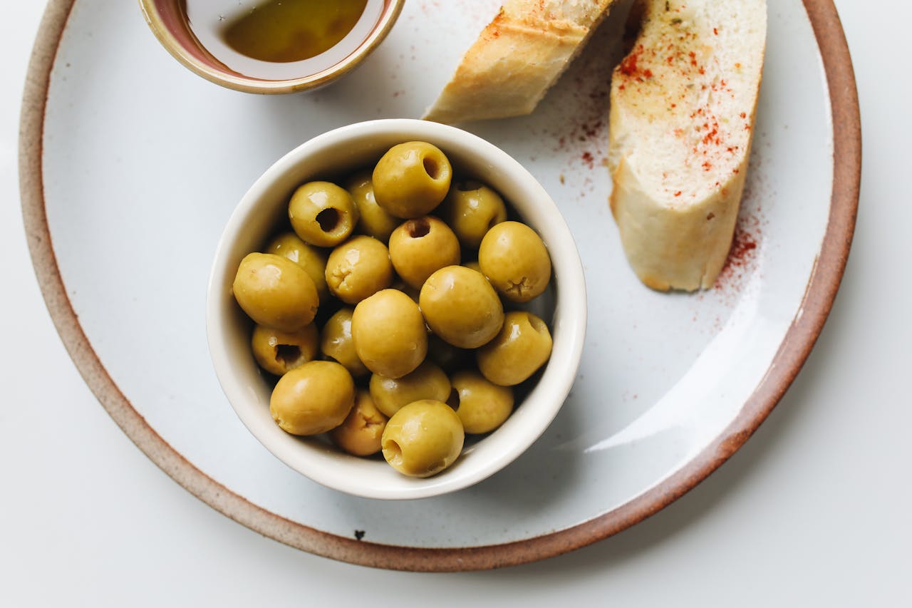 plate of olives with bread