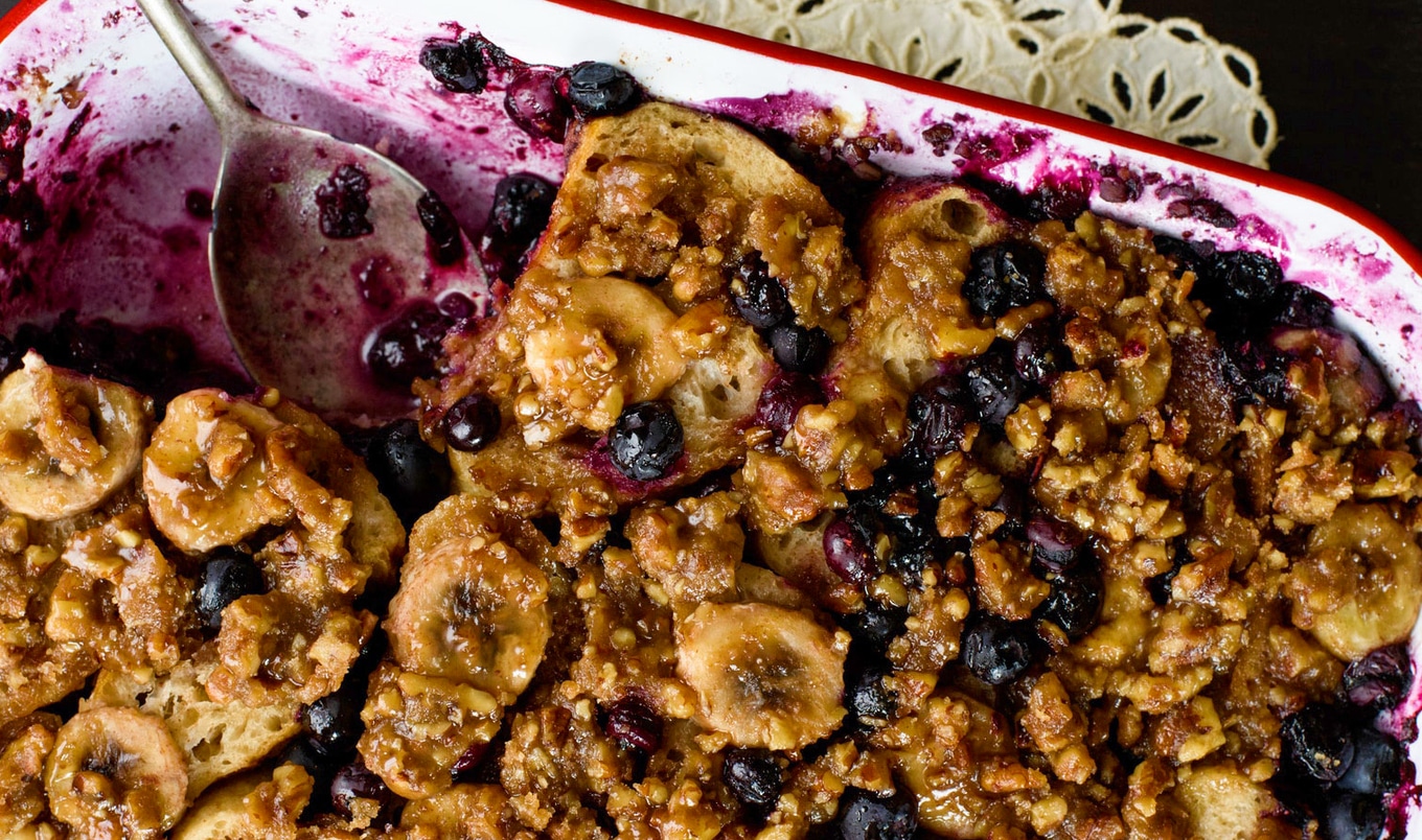 Vegan Buttery Blueberry-Banana and Praline French Toast Casserole