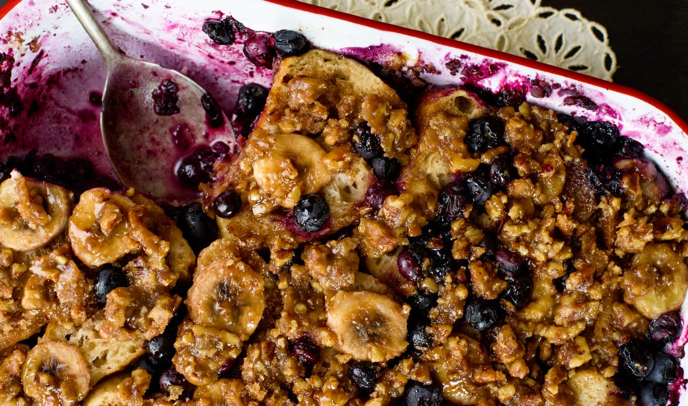 Vegan Buttery Blueberry-Banana and Praline French Toast Casserole