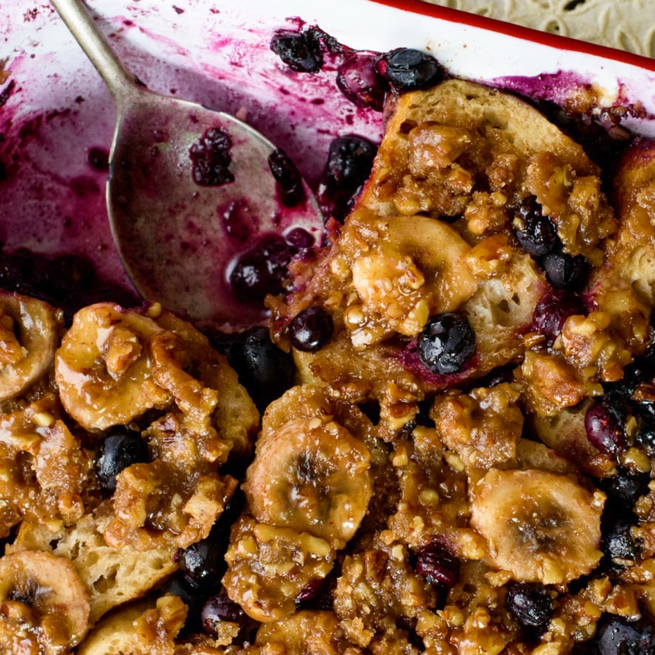 Vegan Buttery Blueberry-Banana and Praline French Toast Casserole