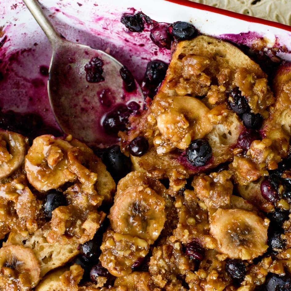 Vegan Buttery Blueberry-Banana and Praline French Toast Casserole