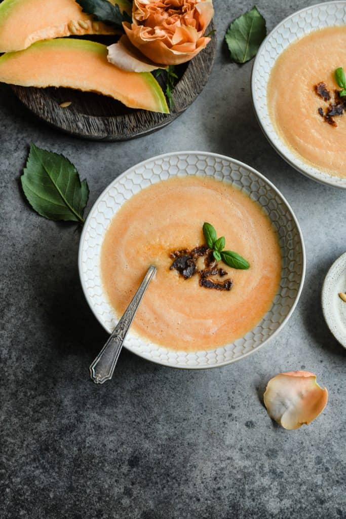 Chilled Melon Soup with Crispy Vegan Bacon