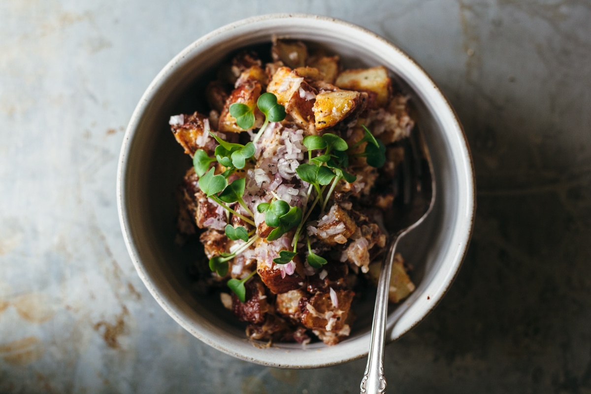 Pilpelchuma roasted potato salad with radish microgreens