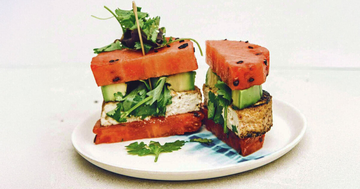 Watermelon Poke Burger With Tofu and Avocado | VegNews
