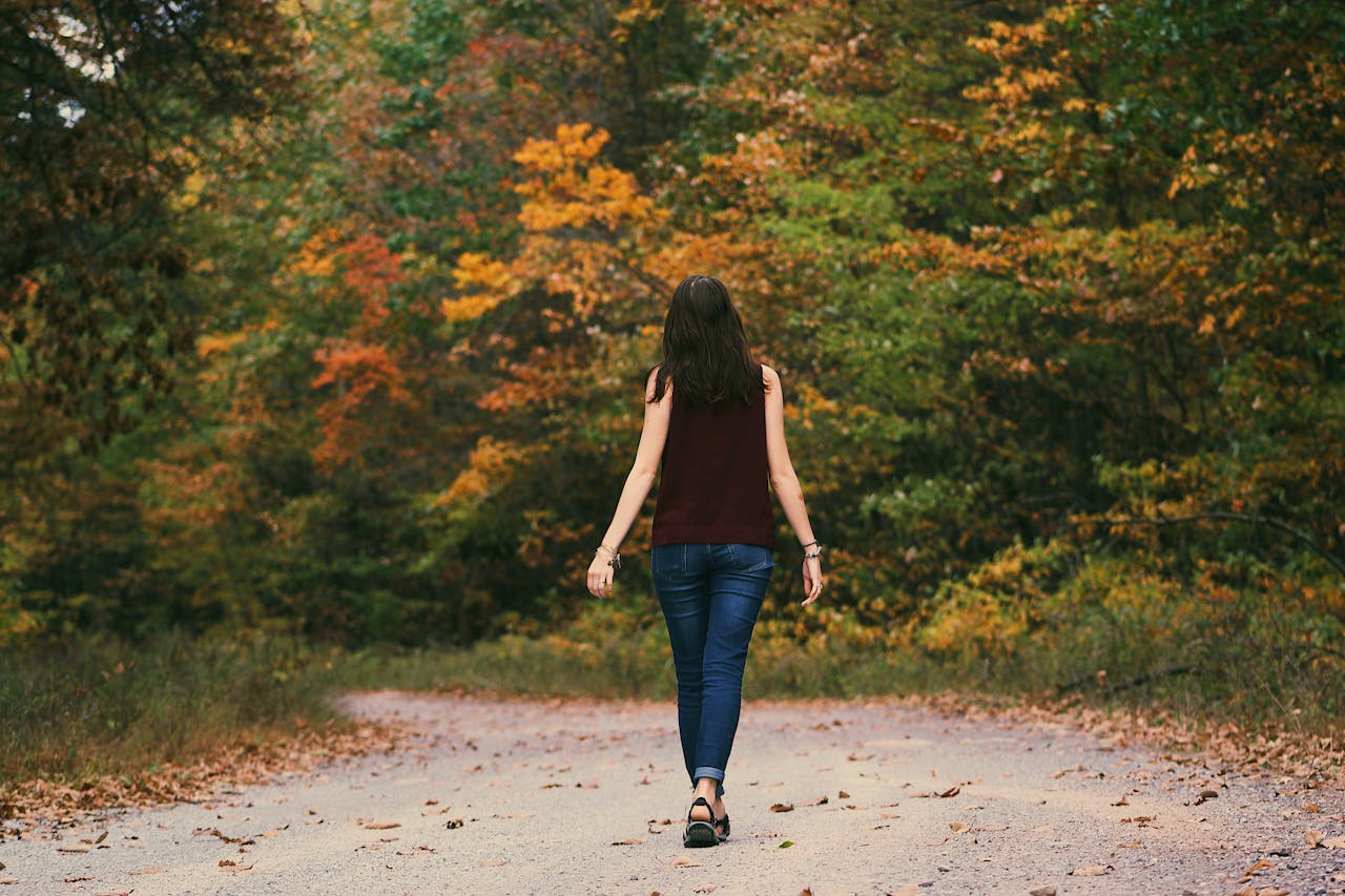 walking in leafy area
