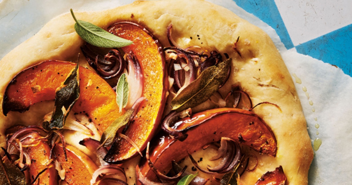 Vegan Pizzette With Roasted Pumpkin, Red Onion, and Sage