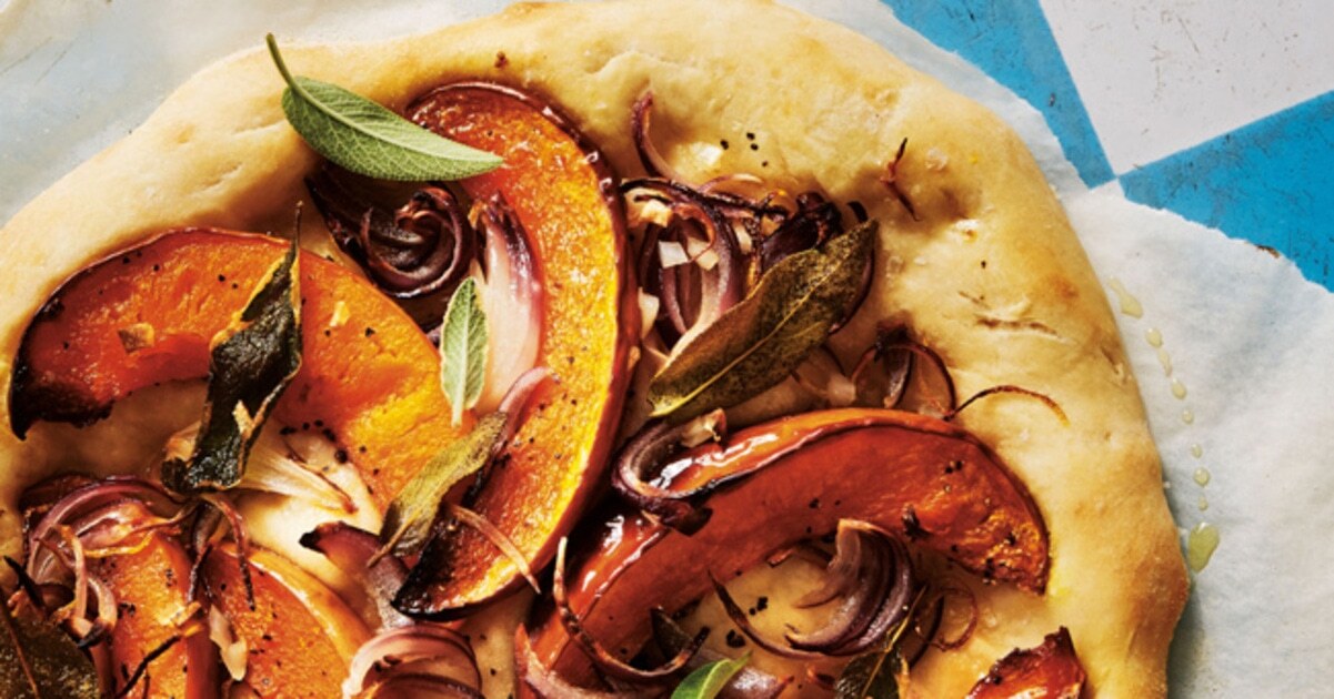 Vegan Pizzette With Roasted Pumpkin, Red Onion, and Sage | VegNews