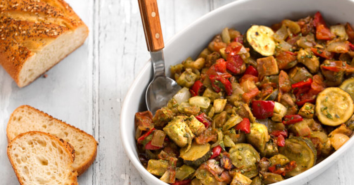 Roasted Ratatouille With Basil Pistou | VegNews