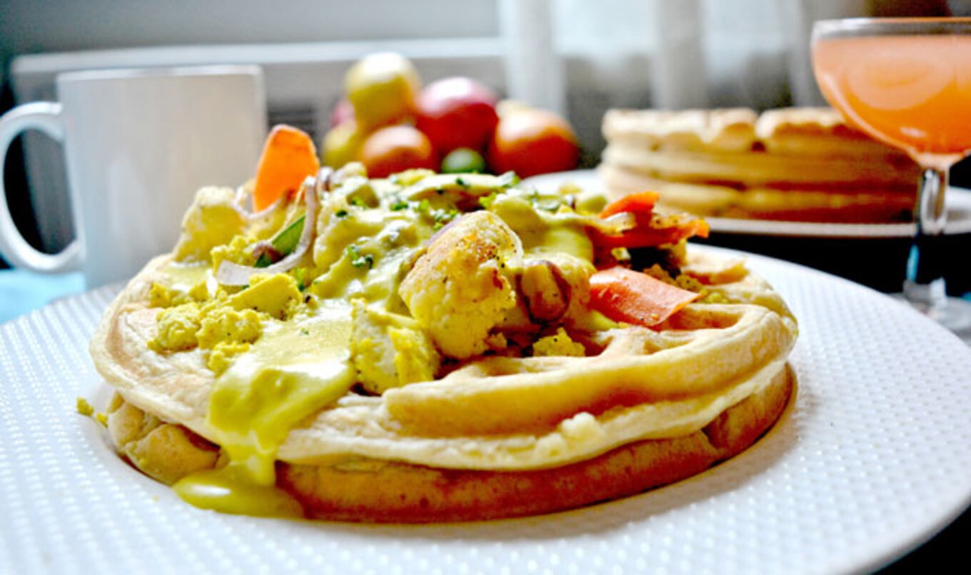 Savory Vegan Waffle With Cheddar Fondue