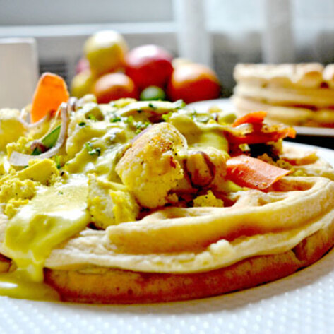 Vegan Savory Waffle with Vegetable Ragout and Cheddar Fondue