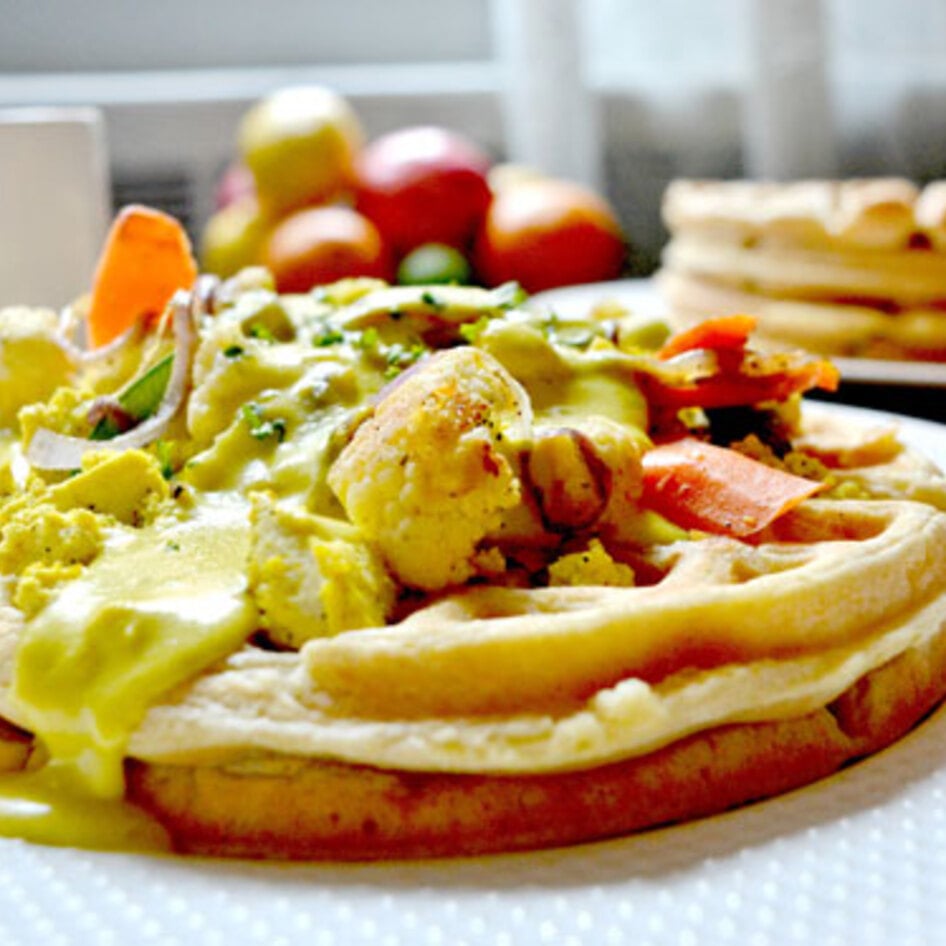 Vegan Savory Waffle With Vegetable Ragout and Cheddar Fondue