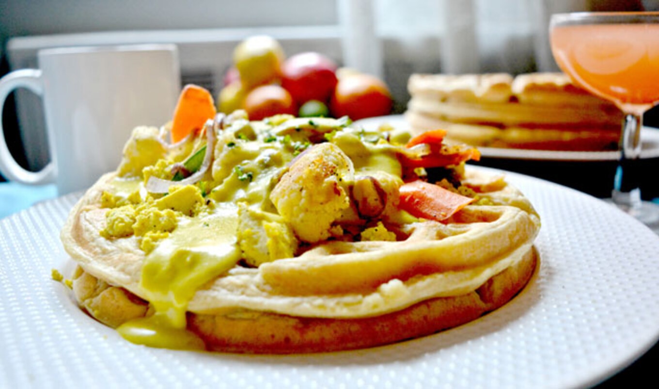 Vegan Savory Waffle With Vegetable Ragout and Cheddar Fondue